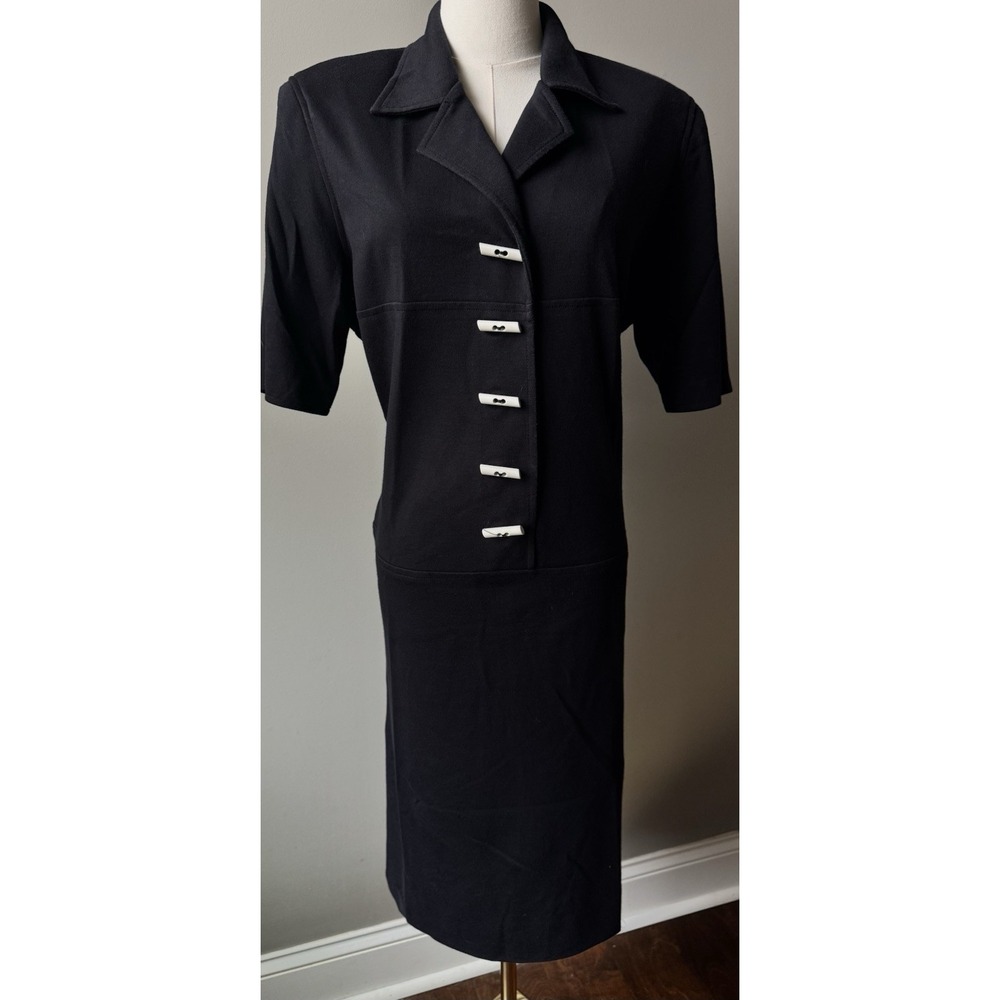 Vintage Black Minimalist Sheath Dress White Bar Buttons 90s USA M Henry Lee